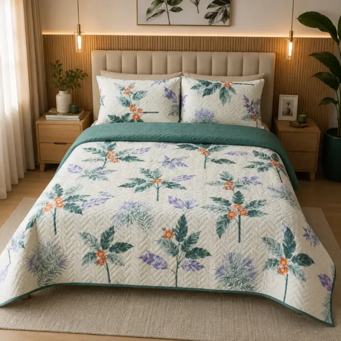 sobrecama reversible verde estampado floral