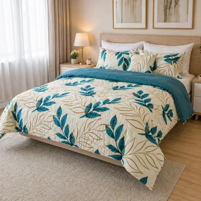 edredon floral azul petroleo dorado cama