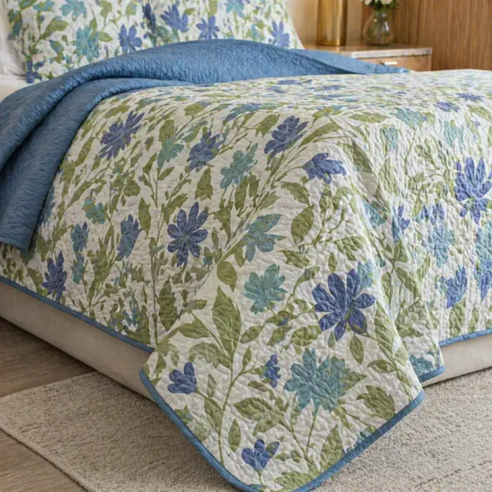 ropa cama botanica azul verde fondo blanco