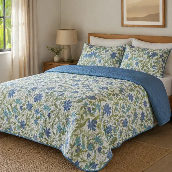 sobrecama poliester estampado hojas azules verdes