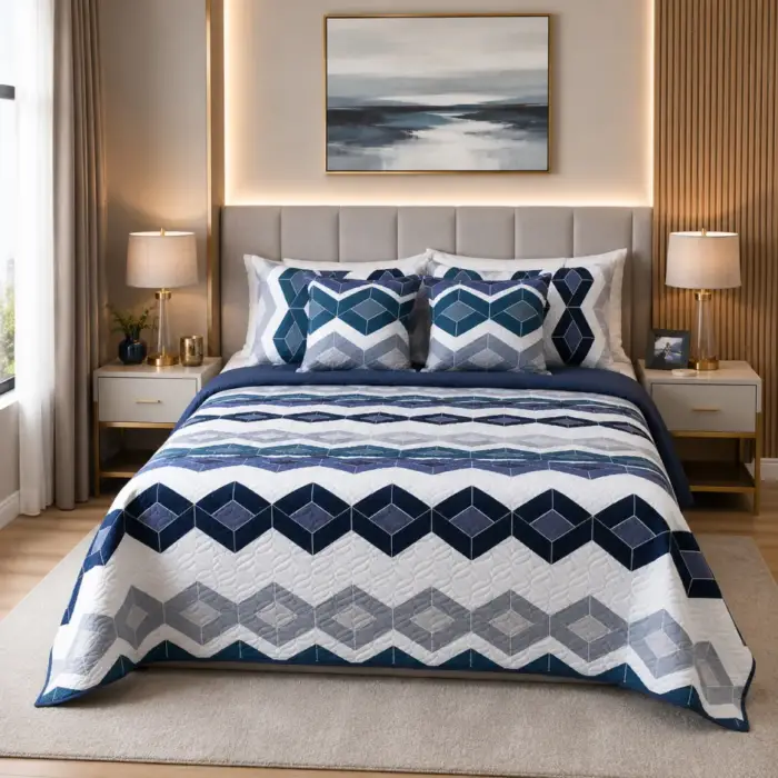 cubrelecho geometrico azul gris con fundas