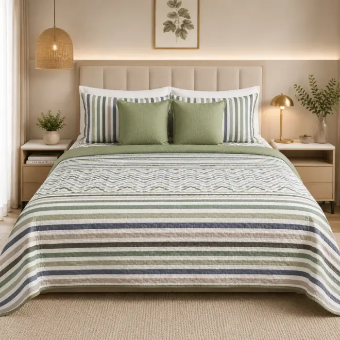 sobrecama estampada verde blanco gris
